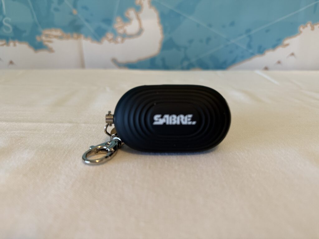 Compact Sabre personal alarm keychain with 120dB sound and easy activation
