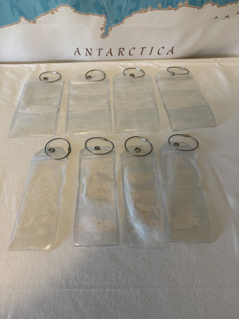 Cruise luggage tag holders with waterproof sleeves and metal rings for secure attachment”