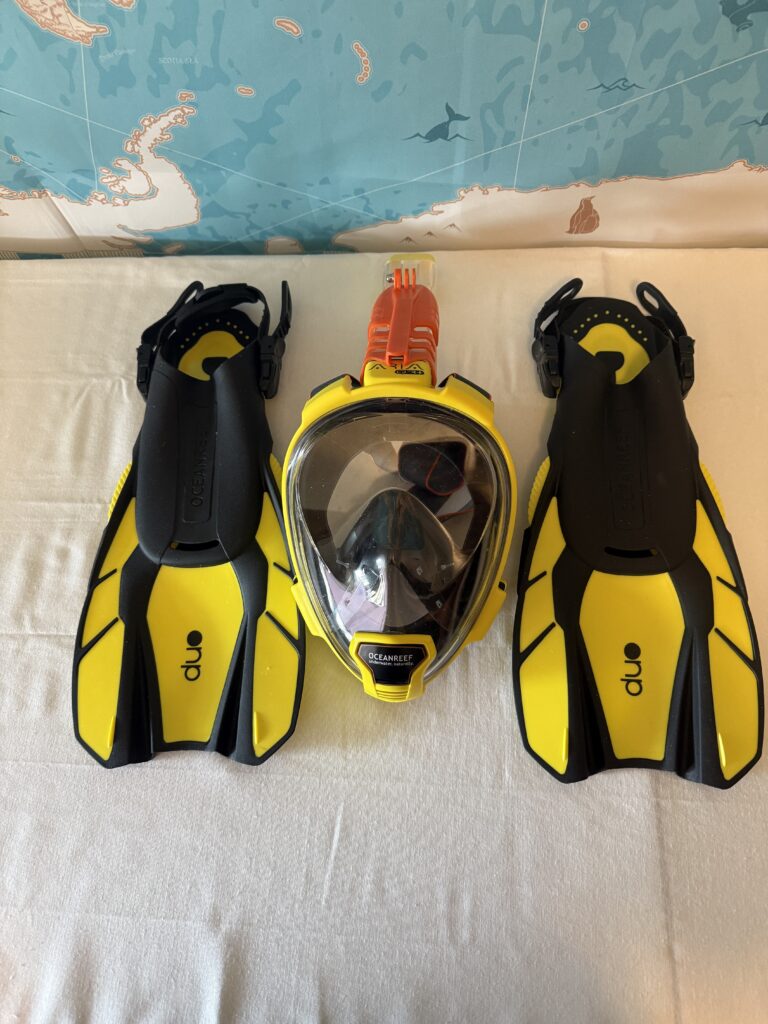 Full-face snorkeling mask with quick-release strap and matching fins