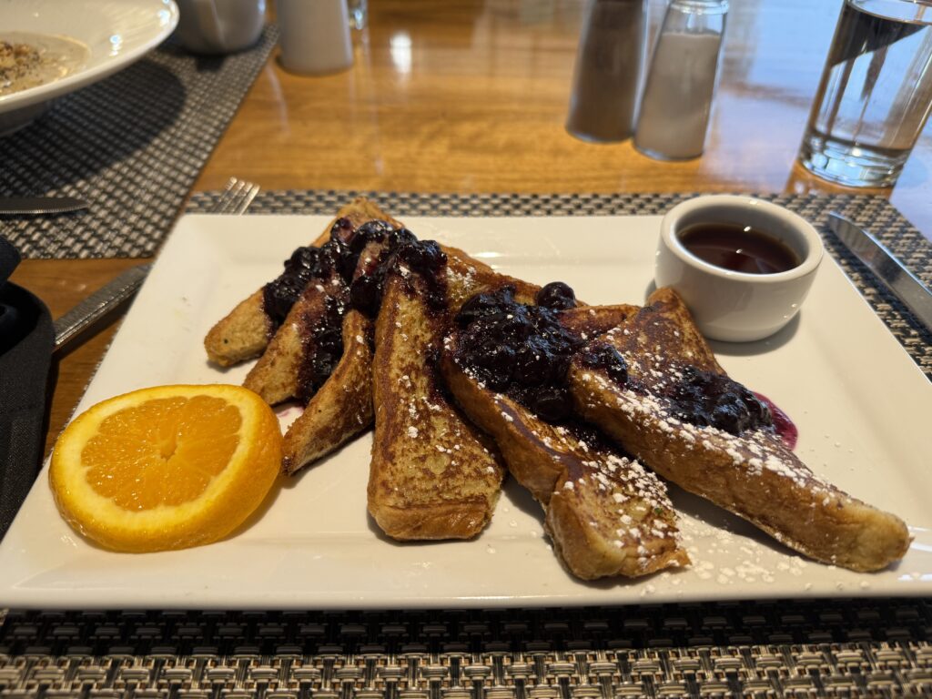 French Toast with Blueberry Compote at the White Bark Restaurant at the Westin Monache Resort in Mammoth Lakes, CA.