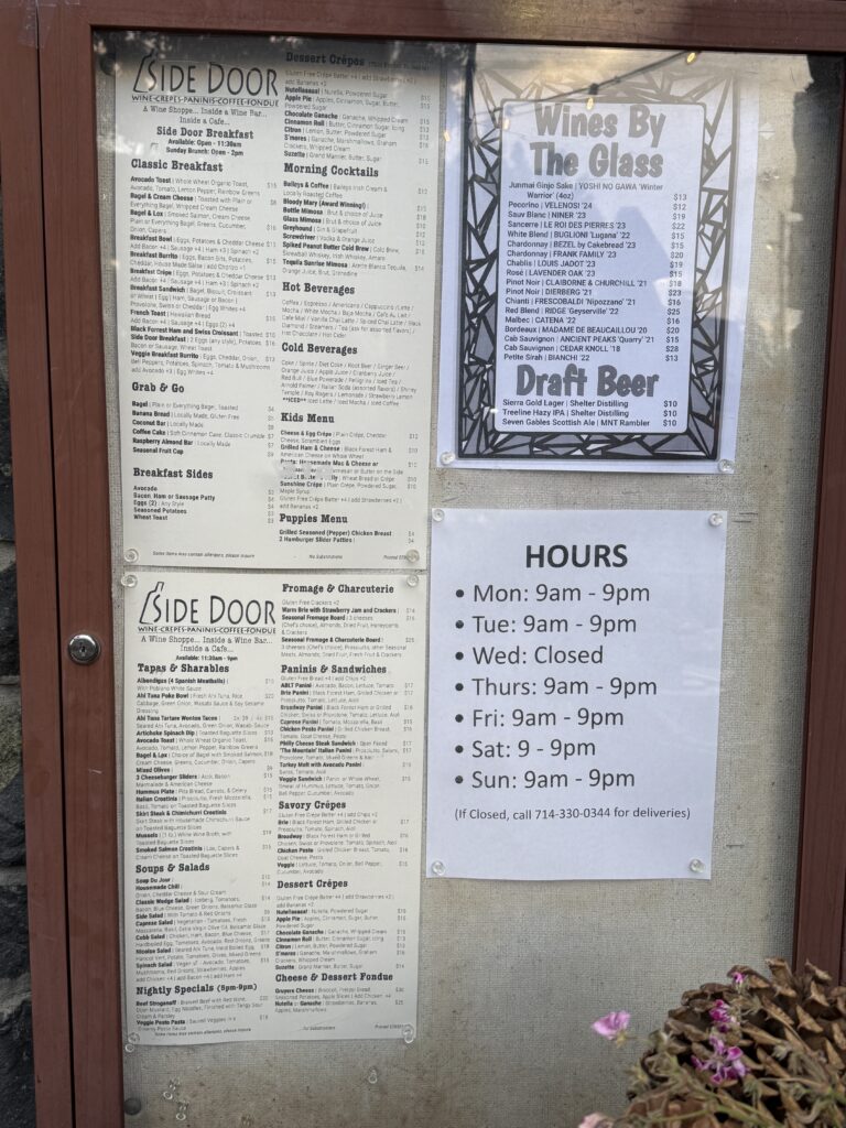 Side Door Cafe' Menu is a place to grab coffee, breakfast and pastries in Mammoth Village, Mammoth Lakes, CA.